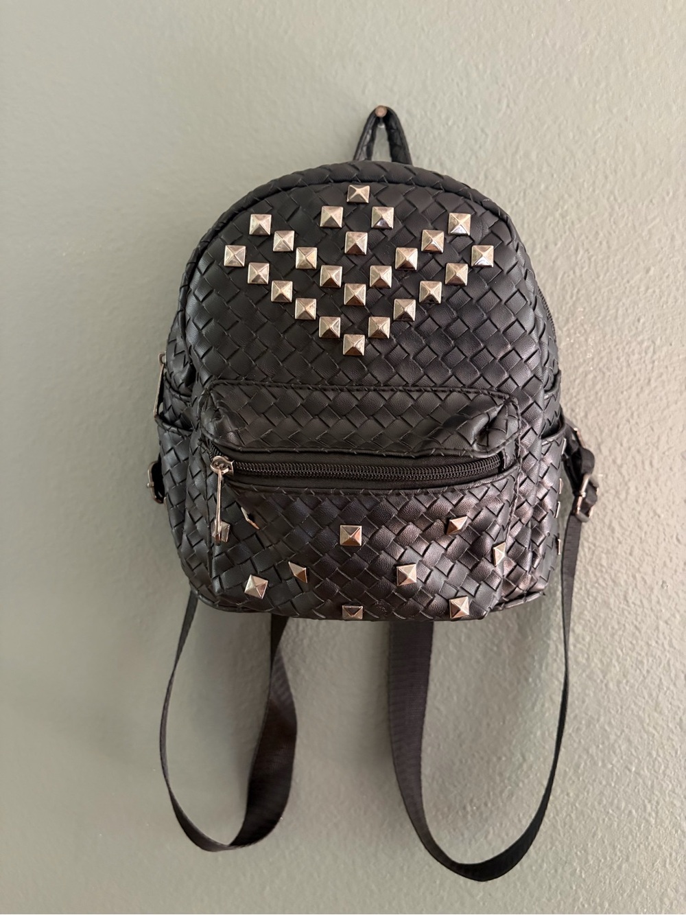 Black Studded Woven Mini Backpack